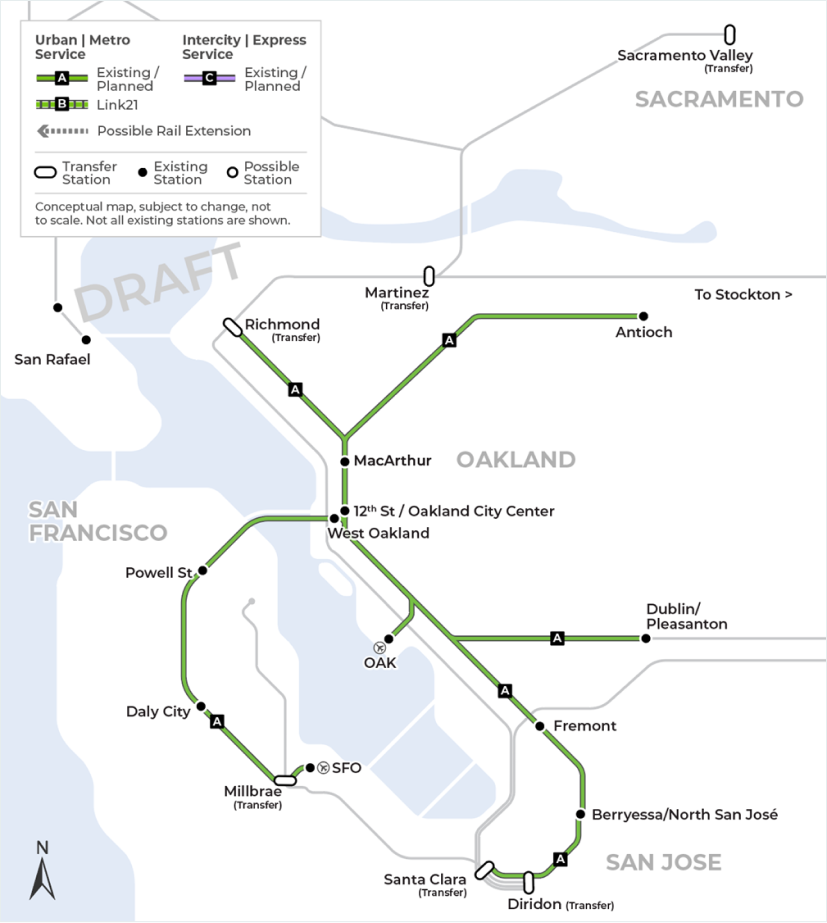 A map that demonstrates BART’s existing and future planned Urban Metro train service which includes the BART network in San Francisco, and on the Peninsula to Millbrae, the existing BART tube that crosses the Bay, and the East Bay network that connects San Jose to Dublin/Pleasanton and north to Richmond or Antioch. The map does not include all existing or future stations.