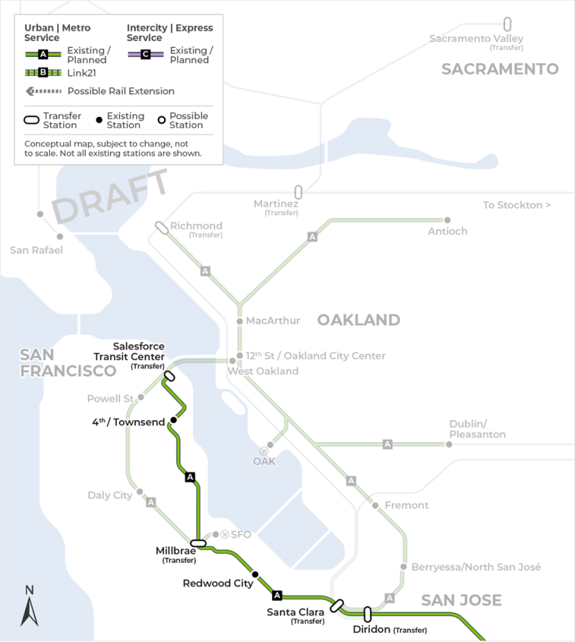 A second map that demonstrates Caltrain’s existing and future planned Urban | Metro train service running on the Peninsula between Gilroy in the South Bay and the Salesforce Transit Center in San Francisco with the future Portal extension from the existing 4th & Townsend terminus. The map does not include all existing or future stations. 