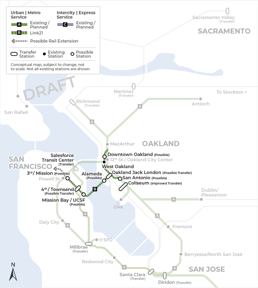 A third map that demonstrates Link21’s second BART crossing concept providing additional Urban | Metro train service between Oakland and San Francisco in addition to the previous maps. The concept also creates a potential new BART station in Mission Bay before traveling north to connect with the Regional Rail Network at the Caltrain 4th & Townsend Station. The map does not include all existing or future stations.  