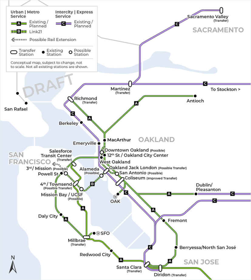 Finally, a map that demonstrates all existing and planned Urban | Metro service provided by BART and inclusive of the second BART crossing concept as part of Link21. It also highlights the existing and planned Intercity | Express service offered as part of the existing and planned Regional Rail network. This map showcases the variety and extent of future service within Northern California’s train network. The map does not include all existing or future stations. 