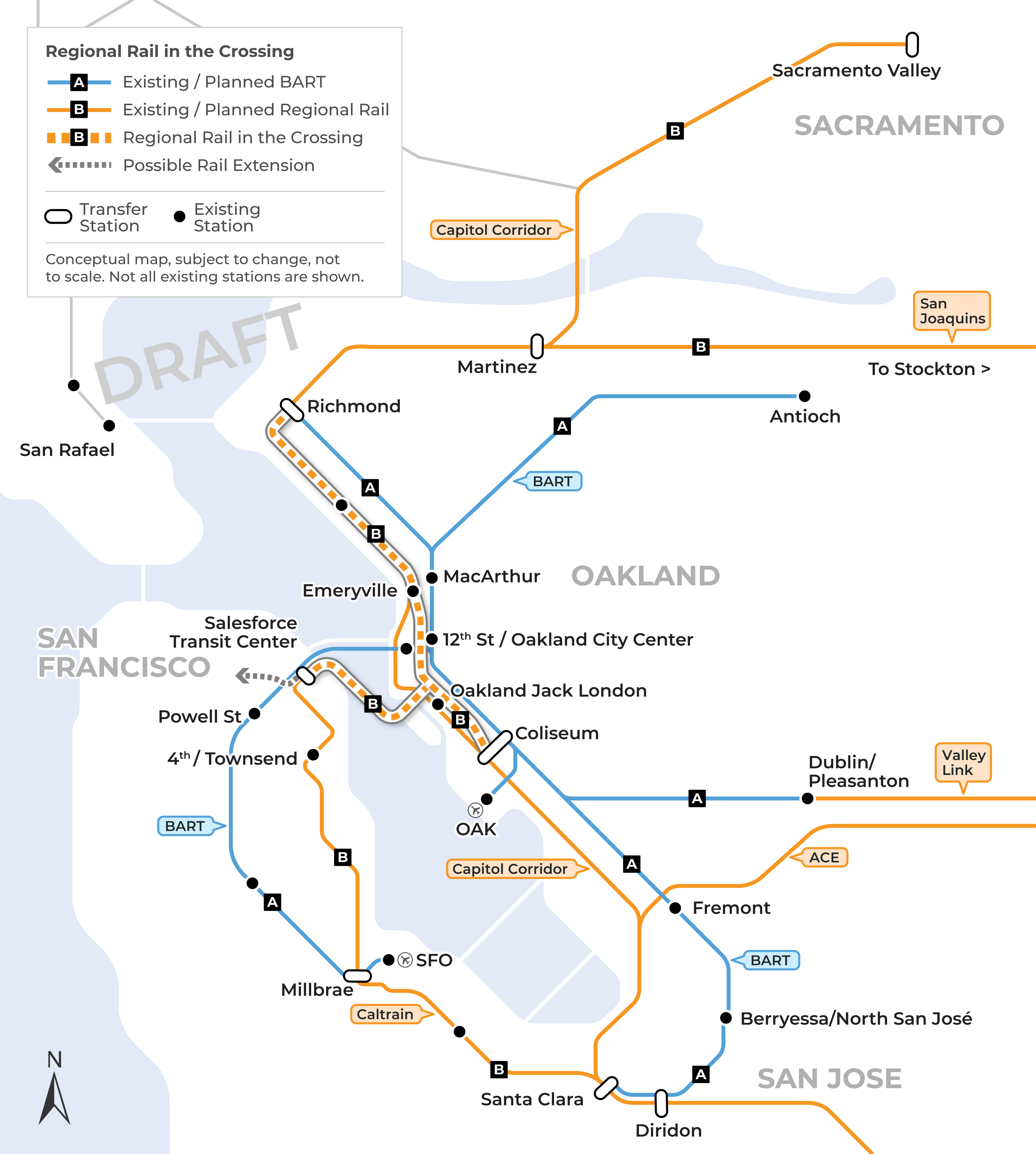 A map of the Regional Rail service network in Northern California. Regional Rail in the Crossing map legend includes existing and planned BART routes, and existing and planned Regional Rail routes. The Regional Rail in the crossing goes from Richmond to Coliseum with a connector from Oakland Jack London to the Salesforce Transit Center. The legend also includes possible rail extension routes and both transfer stations and existing stations. Not all existing stations are shown.