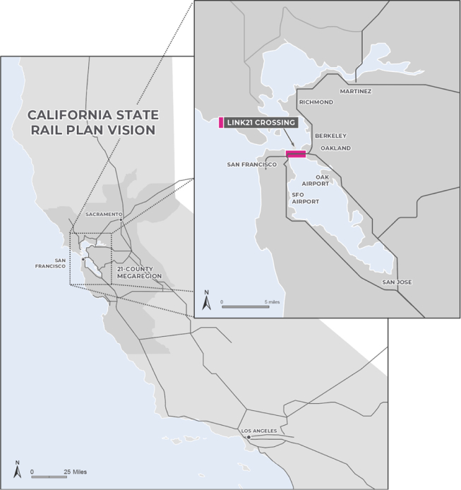 A map of the Link21 train crossing (between Oakland and San Francisco) magnified from the 2023 California State Rail Plan Vision demonstrating Link21’s importance in Northern California’s future rail network. 