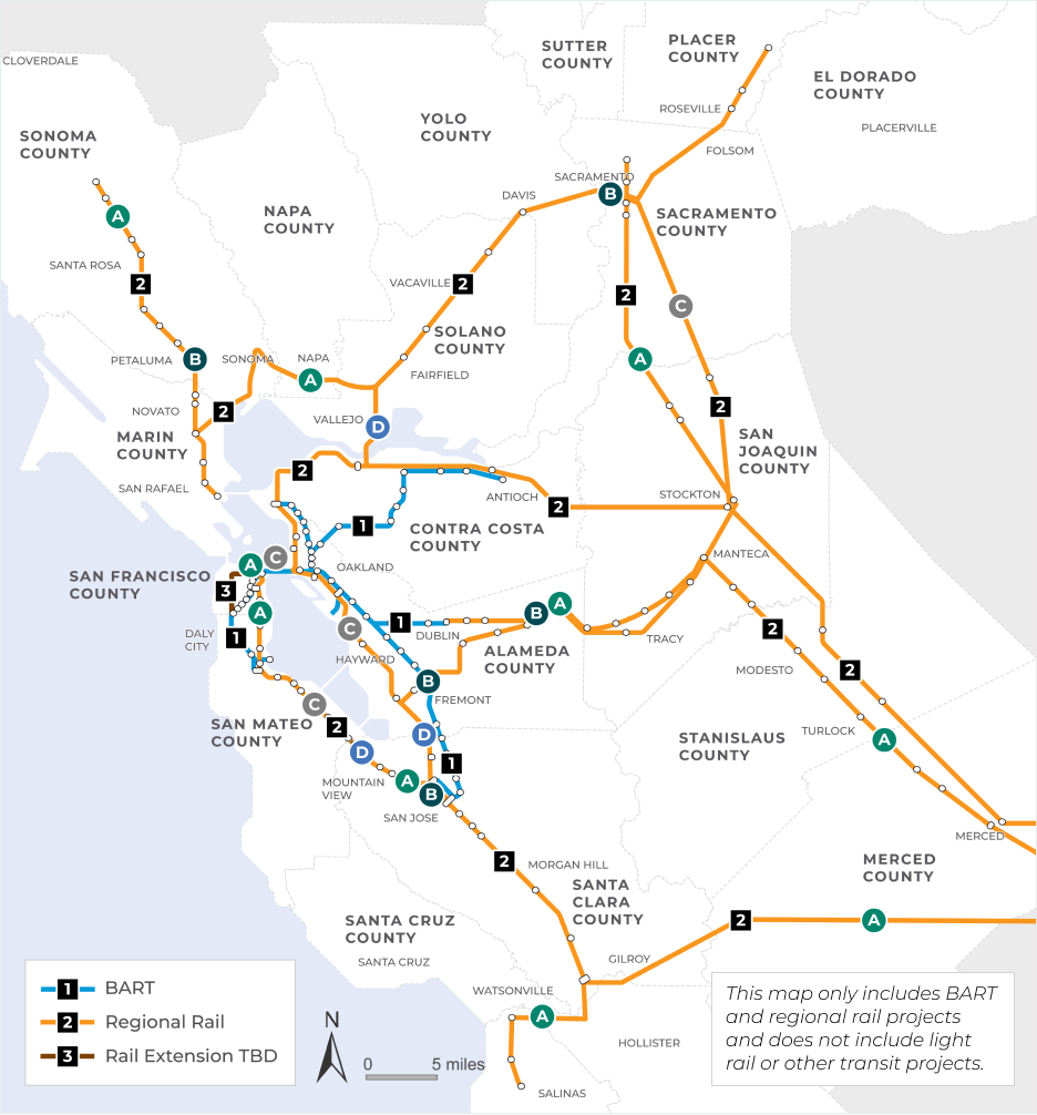 Map of Northern California 21-county Megaregion with intercity express rail networks (existing and planned) and BART urban metro rail network (existing and planned). Label dots A through D demonstrate approximate site locations for Link21 and related network improvements. Map does not include light rail or other local transit projects. 