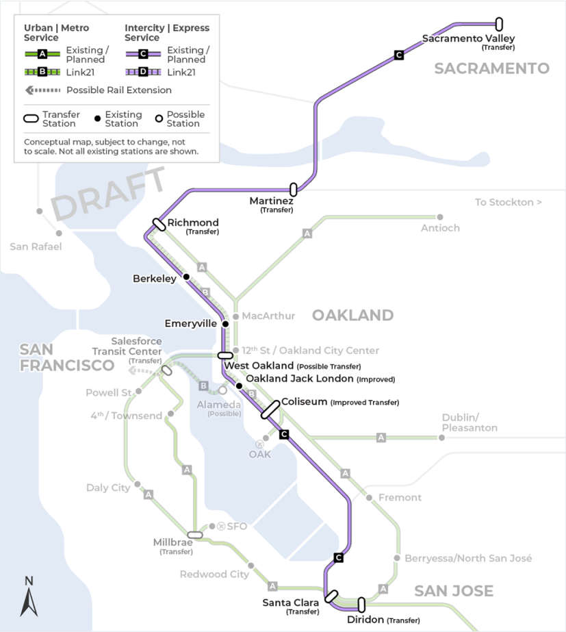 With a new Regional Rail crossing concept, Link21 can offer riders for the first time Intercity Express train service across the Bay. This first map demonstrates the existing Intercity Express train service offered by Capitol Corridor’s Regional Rail network connecting Placer County and Sacramento to Oakland and Diridon Station in San Jose. The map does not include all existing or future stations.  