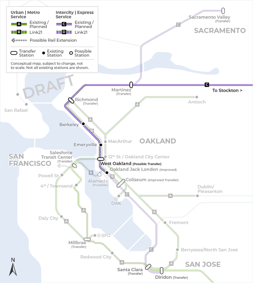 The second map demonstrates the existing Intercity Express train service offered by San Joaquins Regional Rail network connecting the Central Valley and Bay Area via Stockton to Oakland. The map does not include all existing or future stations. 