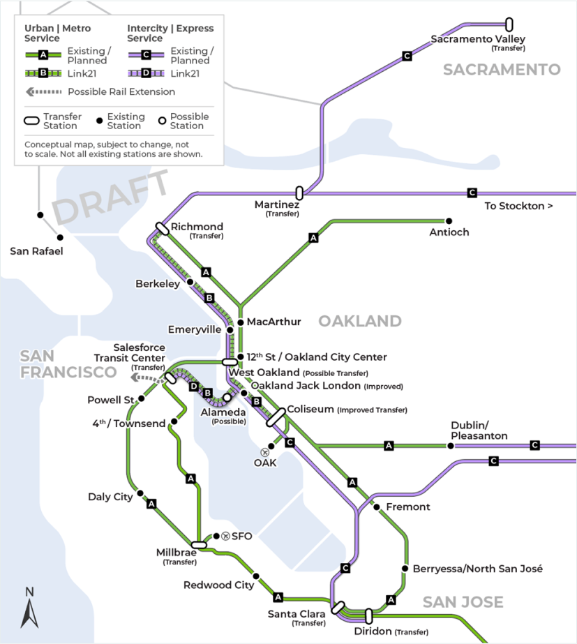 This fifth map combines all the future and planned Regional Rail Intercity Express train service by multiple operators including the new Regional Rail crossing concept. This map demonstrates how Regional Rail connects the Central Valley and Sacramento Valley to the Bay Area and San Francisco through multiple travel options. The map does not include all existing or future stations.