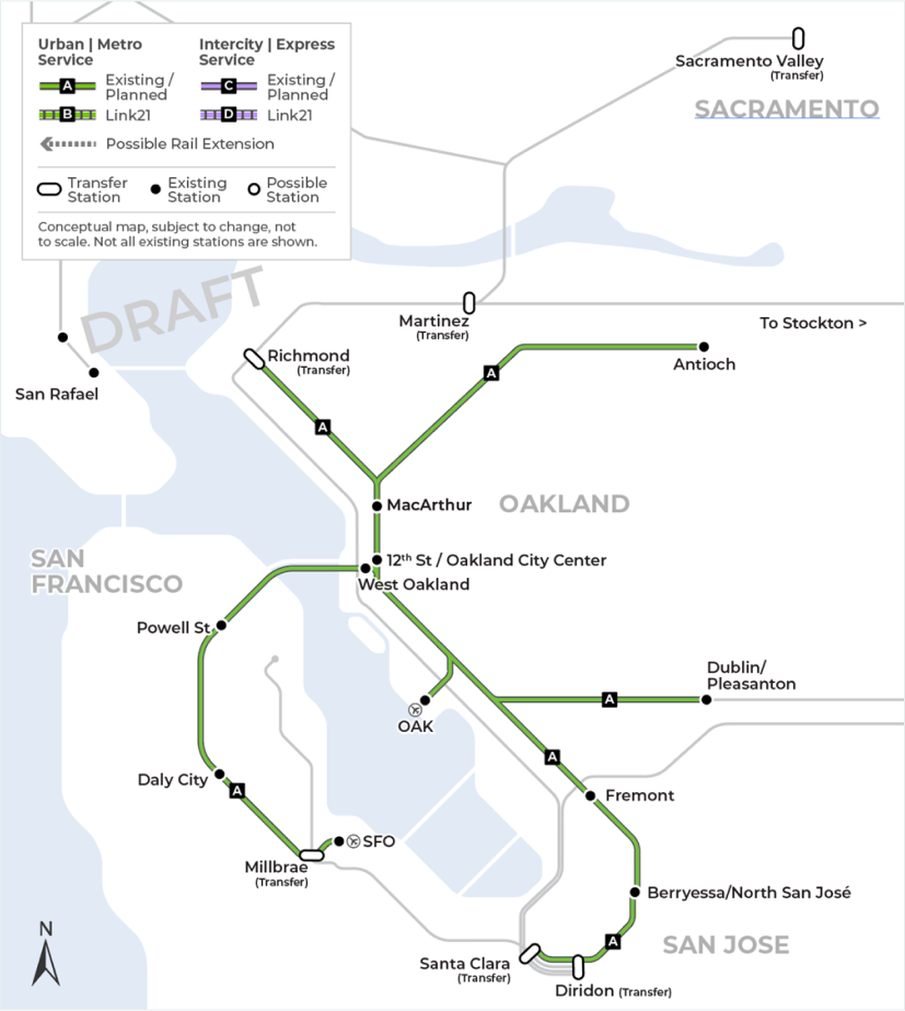 A Regional Rail crossing also offers more Urban Metro train service but first this map demonstrates BART’s existing and future planned Urban Metro train service which includes the BART network in San Francisco, and on the Peninsula to Millbrae, the existing BART tube that crosses the Bay, and the East Bay network that connects San Jose to Dublin/Pleasanton and north to Richmond or Antioch. The map does not include all existing or future stations.  