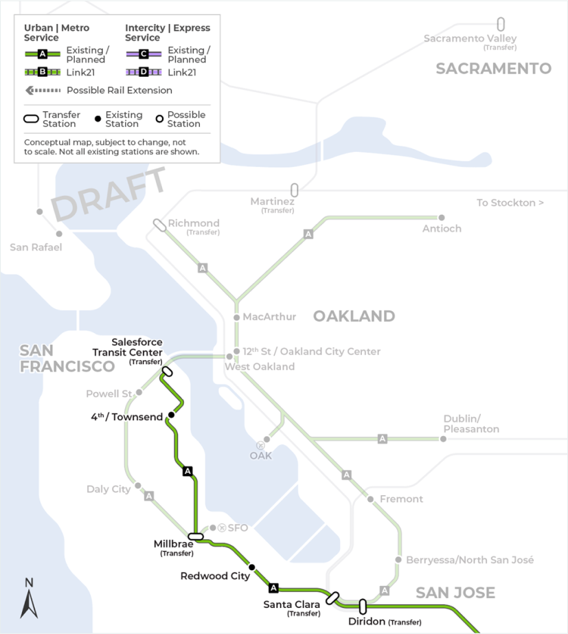 A second map that demonstrates Caltrain’s existing and future planned Urban Metro train service running on the Peninsula between Gilroy in the South Bay and the Salesforce Transit Center in San Francisco with the future Portal extension from the existing 4th and Townsend terminus. The map does not include all existing or future stations.