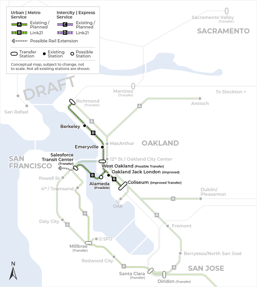 A third map that demonstrates Link21’s second BART crossing concept providing additional Urban Metro train service between Oakland and San Francisco in addition to the previous maps. The concept also creates a potential new BART station in Mission Bay before traveling north to connect with the Regional Rail Network at the Caltrain 4th and Townsend Station. The map does not include all existing or future stations. 