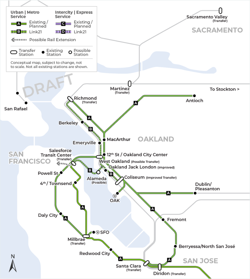 Finally, a map that demonstrates all existing and planned Urban Metro service provided by BART and inclusive of the second BART crossing concept as part of Link21. It also highlights the existing and planned Intercity Express service offered as part of the existing and planned Regional Rail network. This map showcases the variety and extent of future service within Northern California’s train network. The map does not include all existing or future stations. 